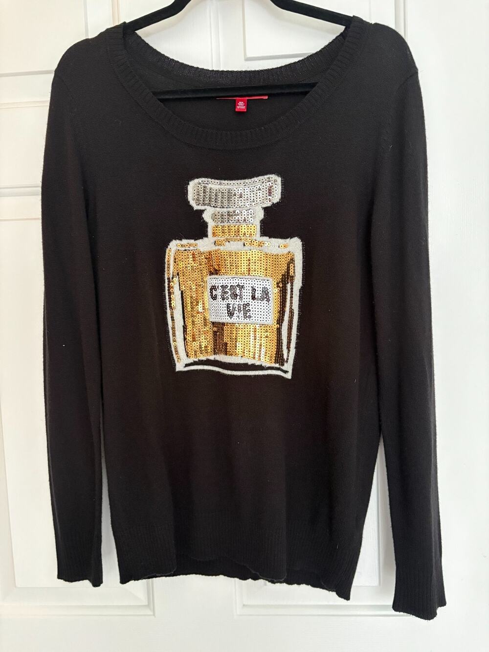 SAKS Women's Black Sequin Perfume Bottle "C'est La Vie" Pullover Sweater M 8-12